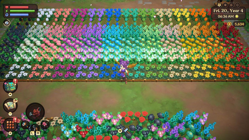 Fae Farm layout showing flowers arranged in a rainbow